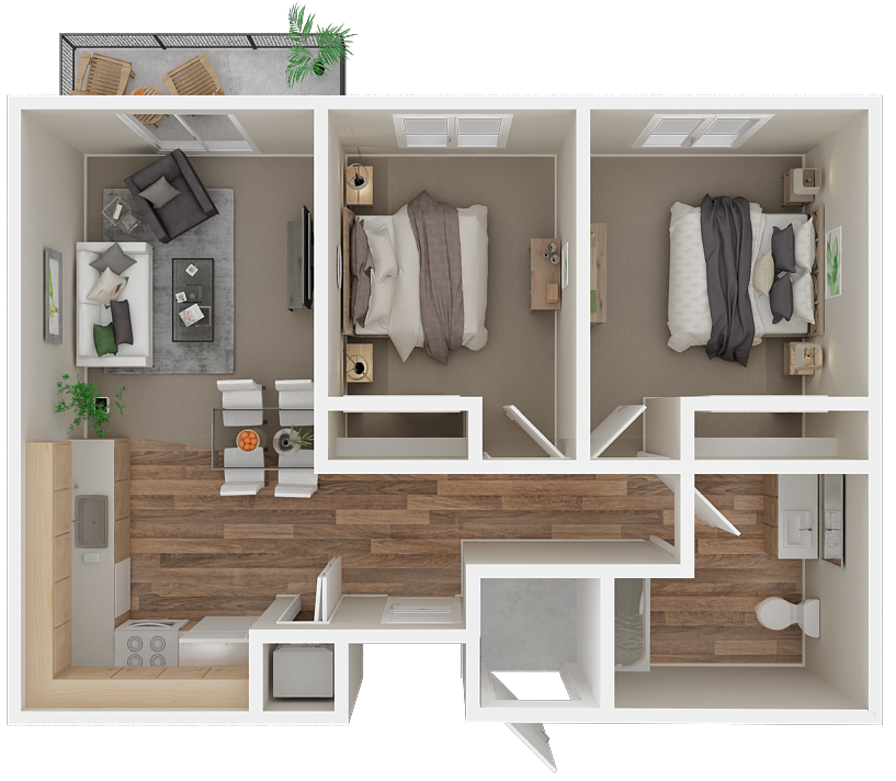 Floor plan for 2 beds, 1 bath, 713 sqft